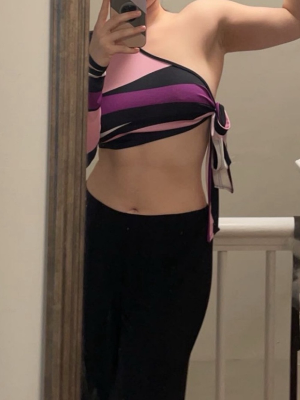 Asymmetrical One-Shoulder Crop Top - Pink, Purple & Black Stripe